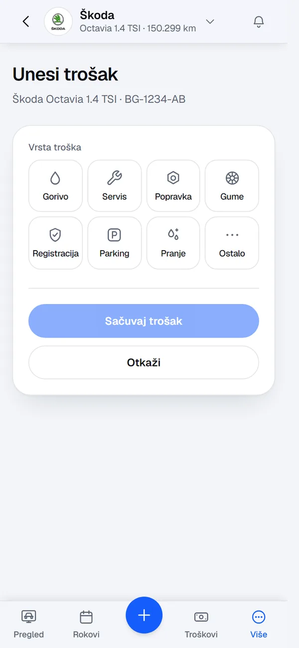Unos troška: pločice za gorivo, servis, popravku, gume, registraciju, parking, pranje i ostalo